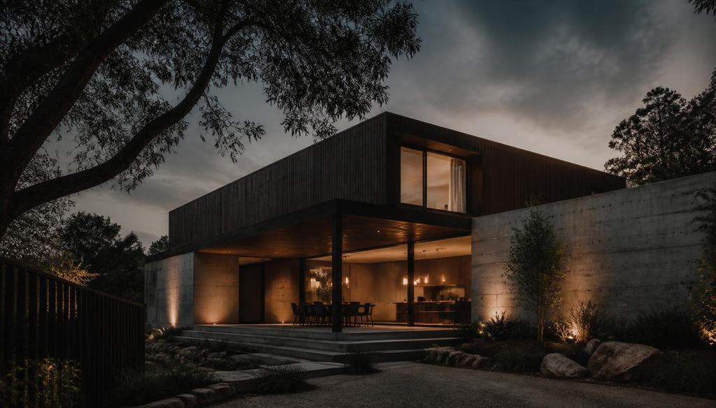Architect-designed two-storey Australian home at dusk, its concrete and dark timber facade lit by warm interior lighting through full-height glazing