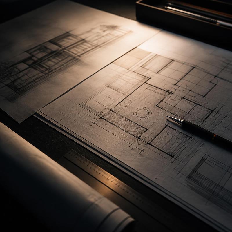 Hand-drafted residential floor plans and elevations spread across a dark desk with a scale ruler and pencil under warm directional light