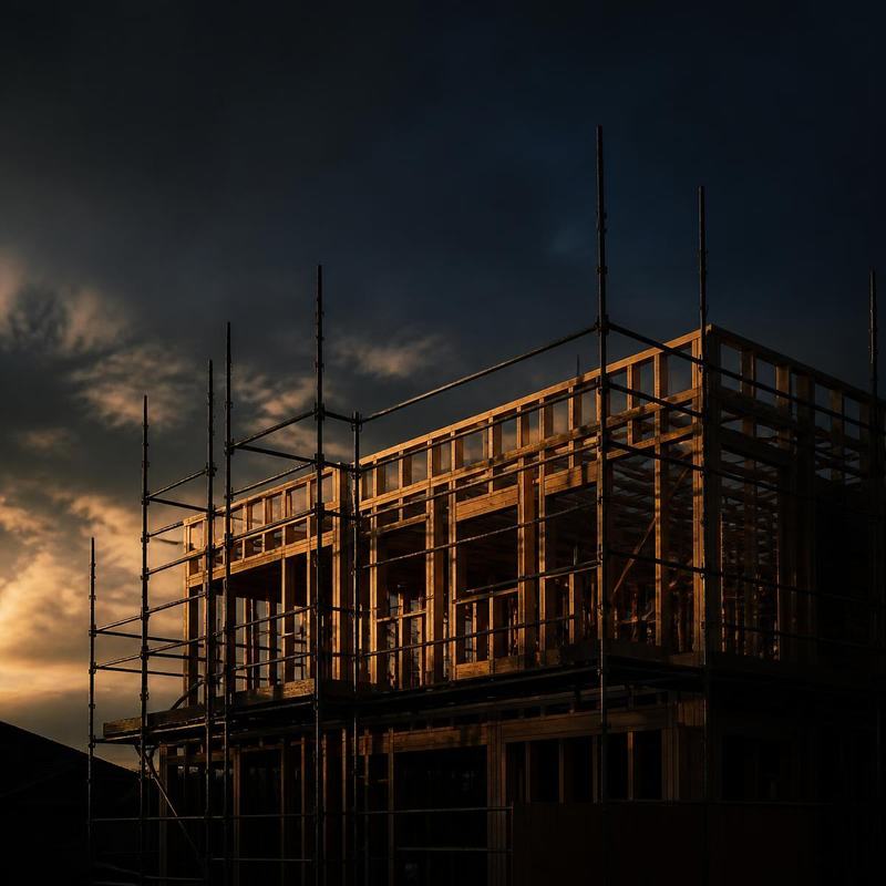 Residential construction site at golden hour with exposed timber wall framing and a crane silhouetted against a moody near-black sky