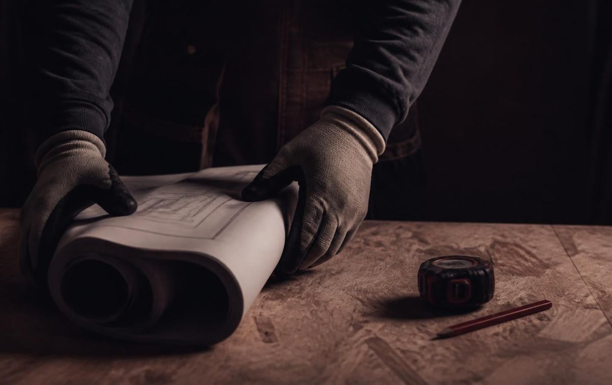 A builder in work gloves unrolling architectural drawings on a plywood bench beside a tape measure and pencil