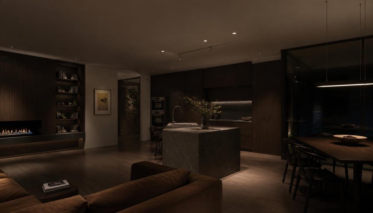 Completed architect-designed kitchen and living space at night with dark timber joinery, stone island bench and warm pooled lighting