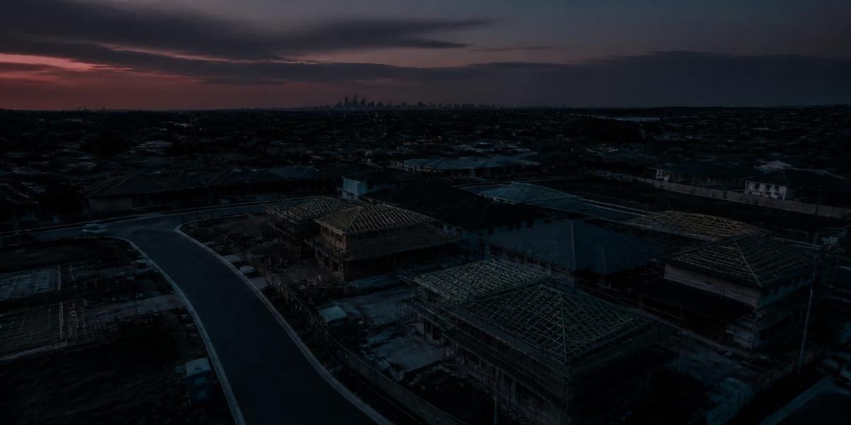 Aerial view at dusk of an Australian suburb of new homes under construction, roof frames and scaffolding with a distant city skyline